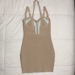 Tan bebe body-con dress, size Medium